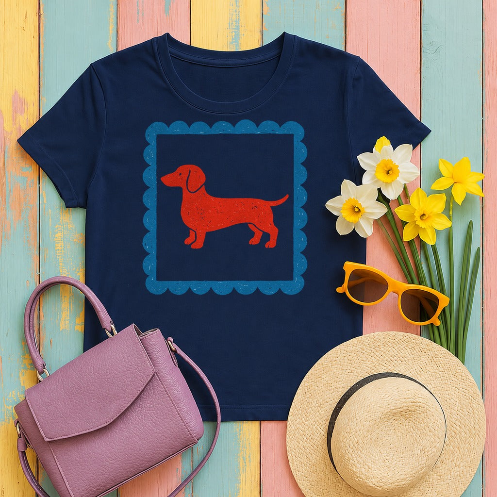 Cute Dachshund Blue Bordered Frame Detailed T-Shirt in Navy
