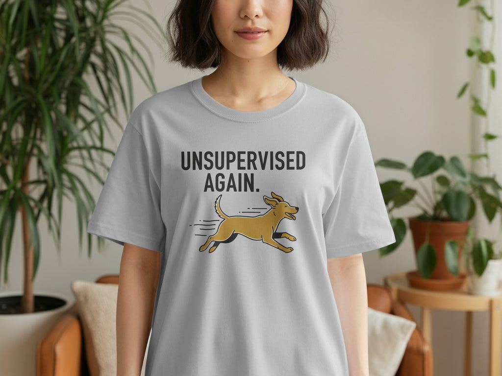Unsupervised Again Funny Dog Running Graphic T-Shirt