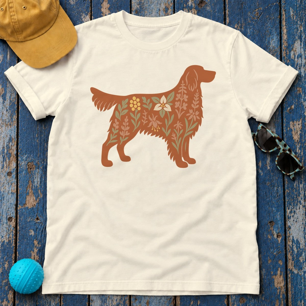 Floral Irish Setter Dog Silhouette Art Illustration T-Shirt in Natural
