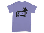 Purple t-shirt with a black silhouette of a corgi dog and the word "CORGI".