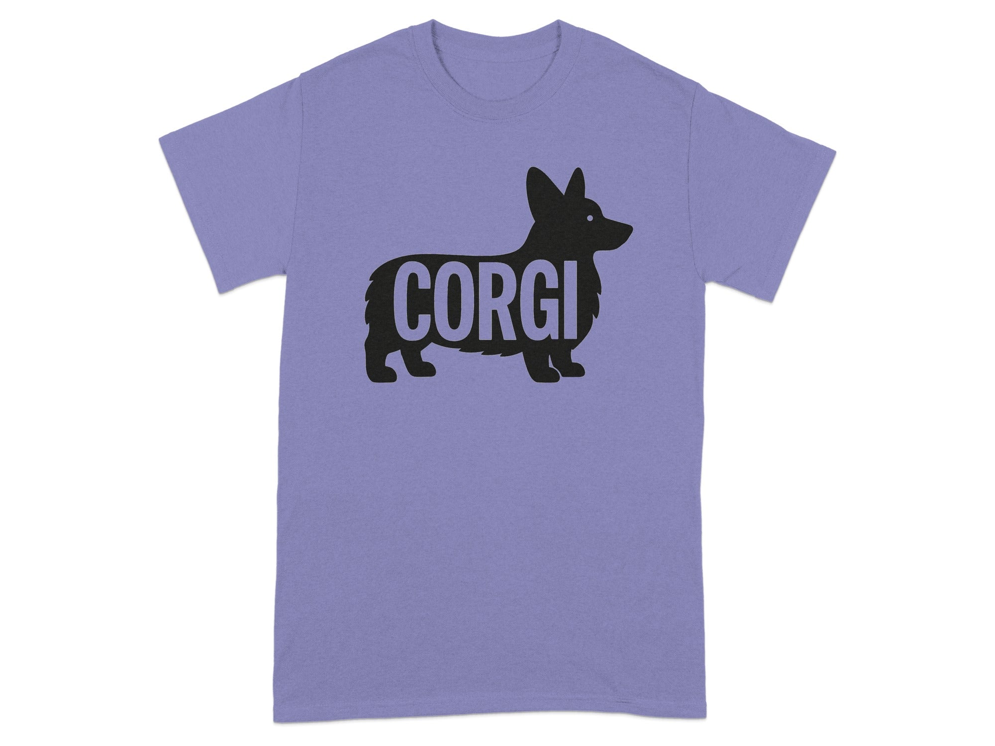 Purple t-shirt with a black silhouette of a corgi dog and the word "CORGI".