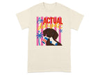 Cream t-shirt with a brown dog holding socks and "An Actual Delight" text.