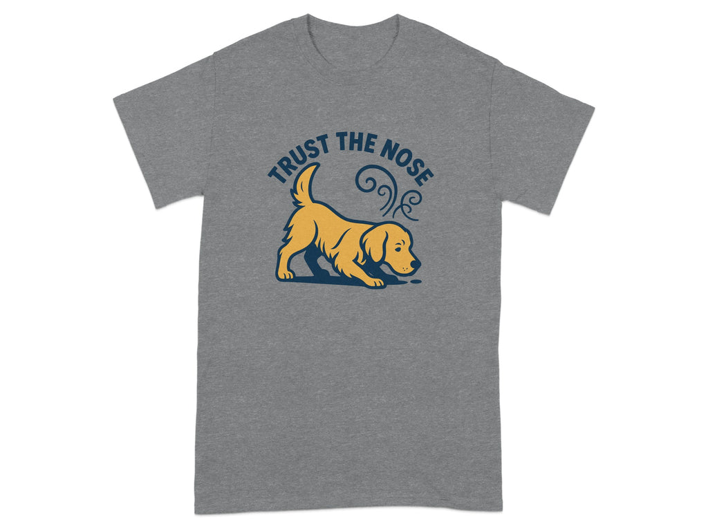 Grey t-shirt with a yellow dog illustration and the text "TRUST THE NOSE".