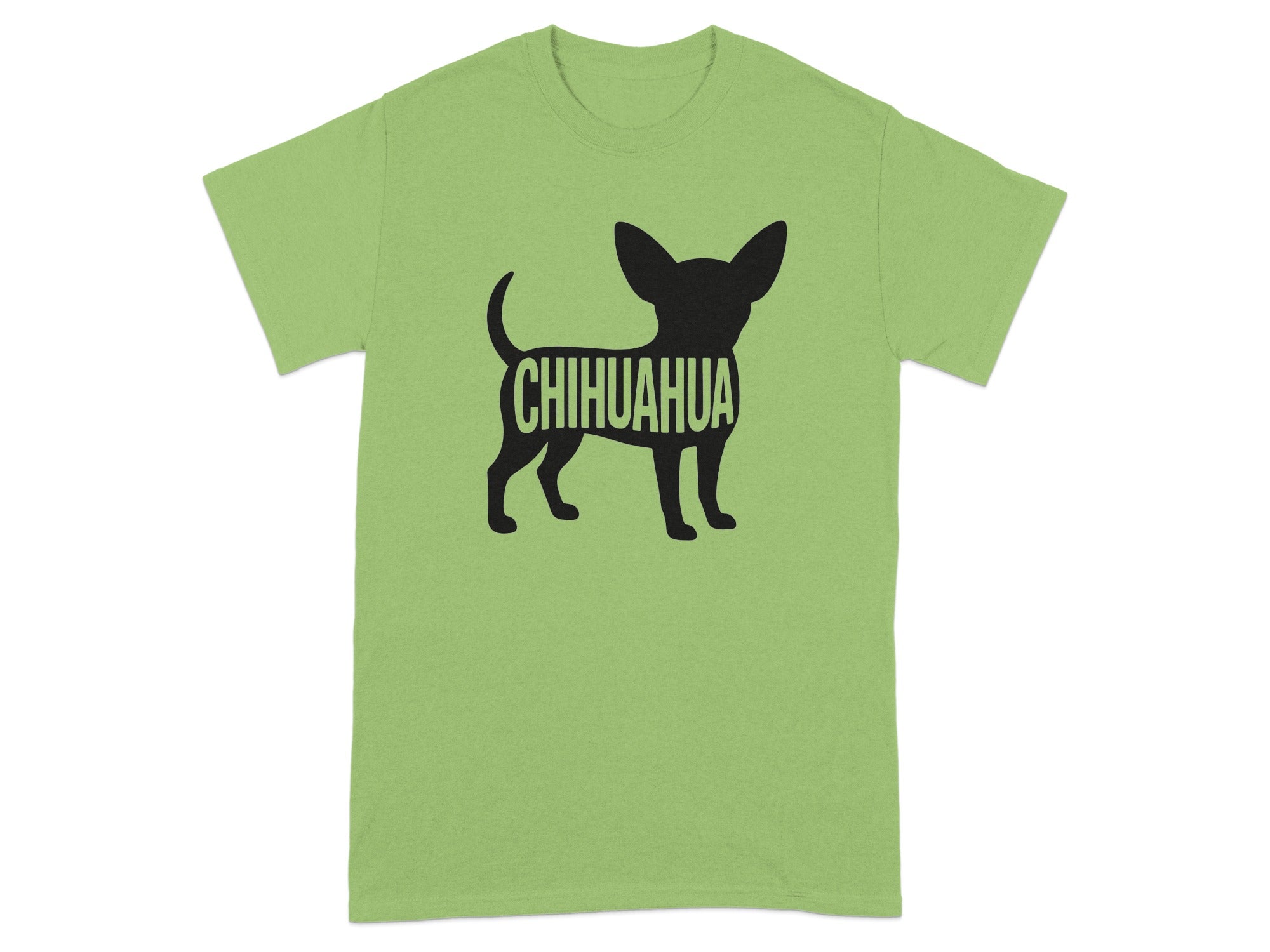 T-shirt with black silhouette of a chihuahua and text