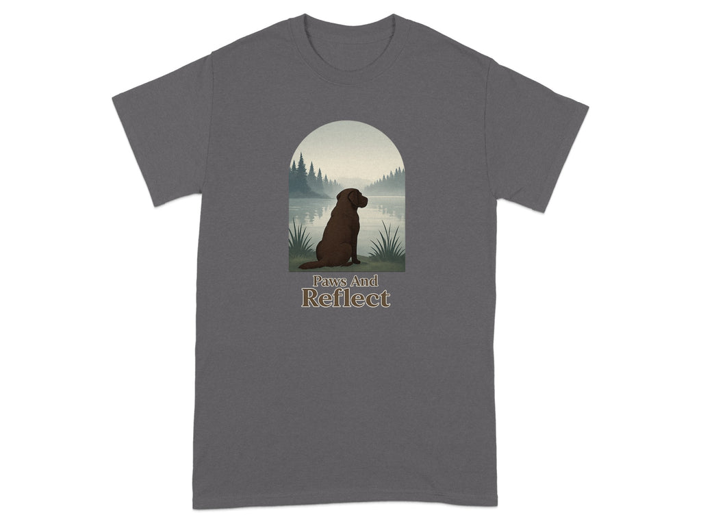 Brown dog sits by serene lake at sunset with text "Paws And Reflect".