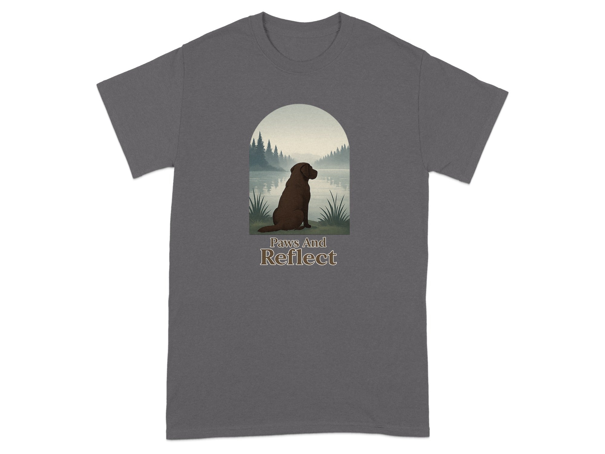 Brown dog sits by serene lake at sunset with text "Paws And Reflect".