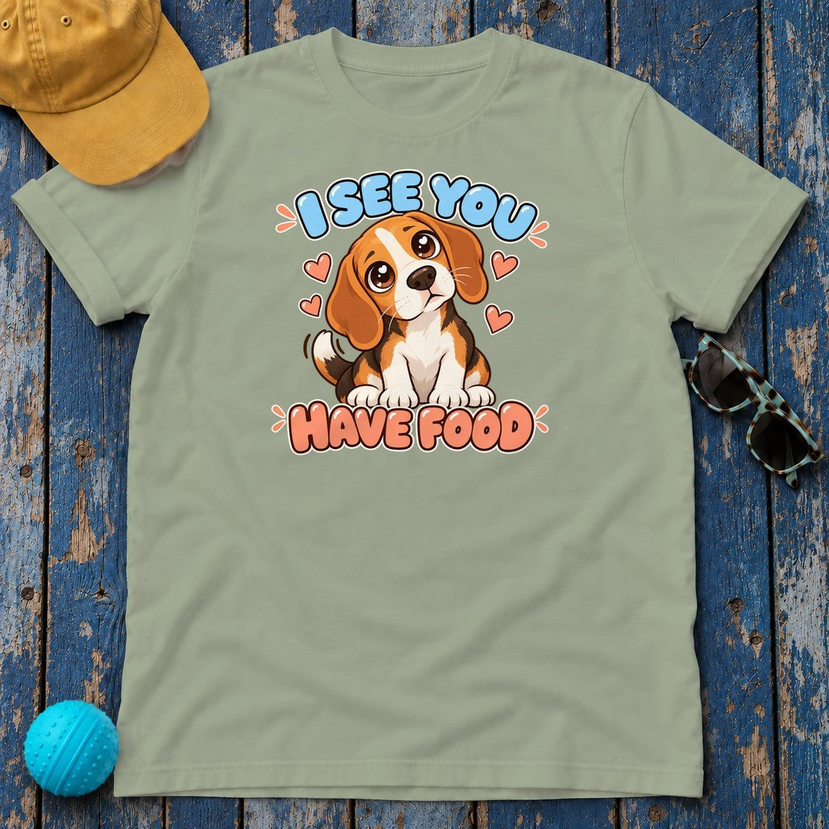 I See You Have Food Beagle T-Shirt in Sage - flat lay