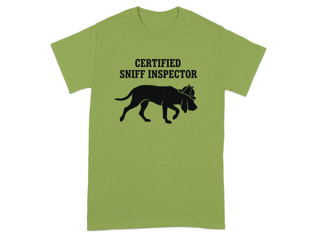 Green t-shirt with "Certified Sniff Inspector" text and a dog wearing a hat.