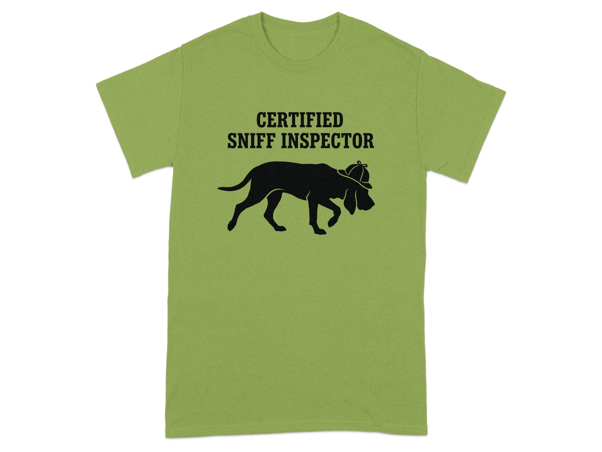 Green t-shirt with "Certified Sniff Inspector" text and a dog wearing a hat.