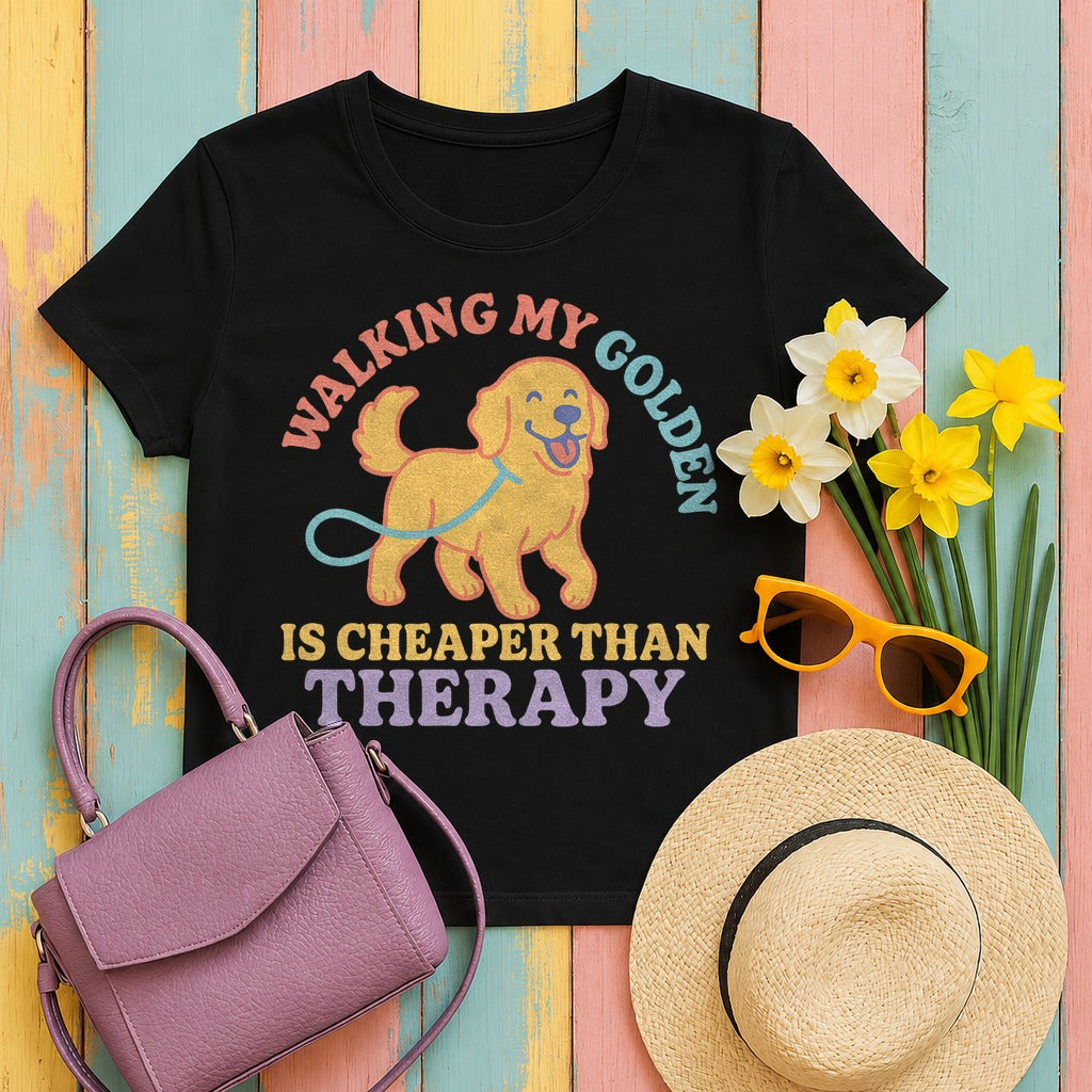 Cheaper Than Therapy Golden Retriever T-Shirt in Black