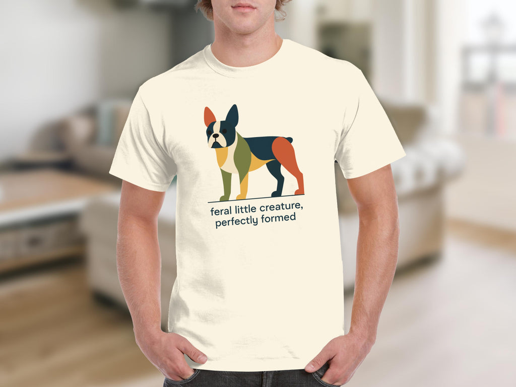 Cream t-shirt with a colorful abstract French bulldog graphic and text.