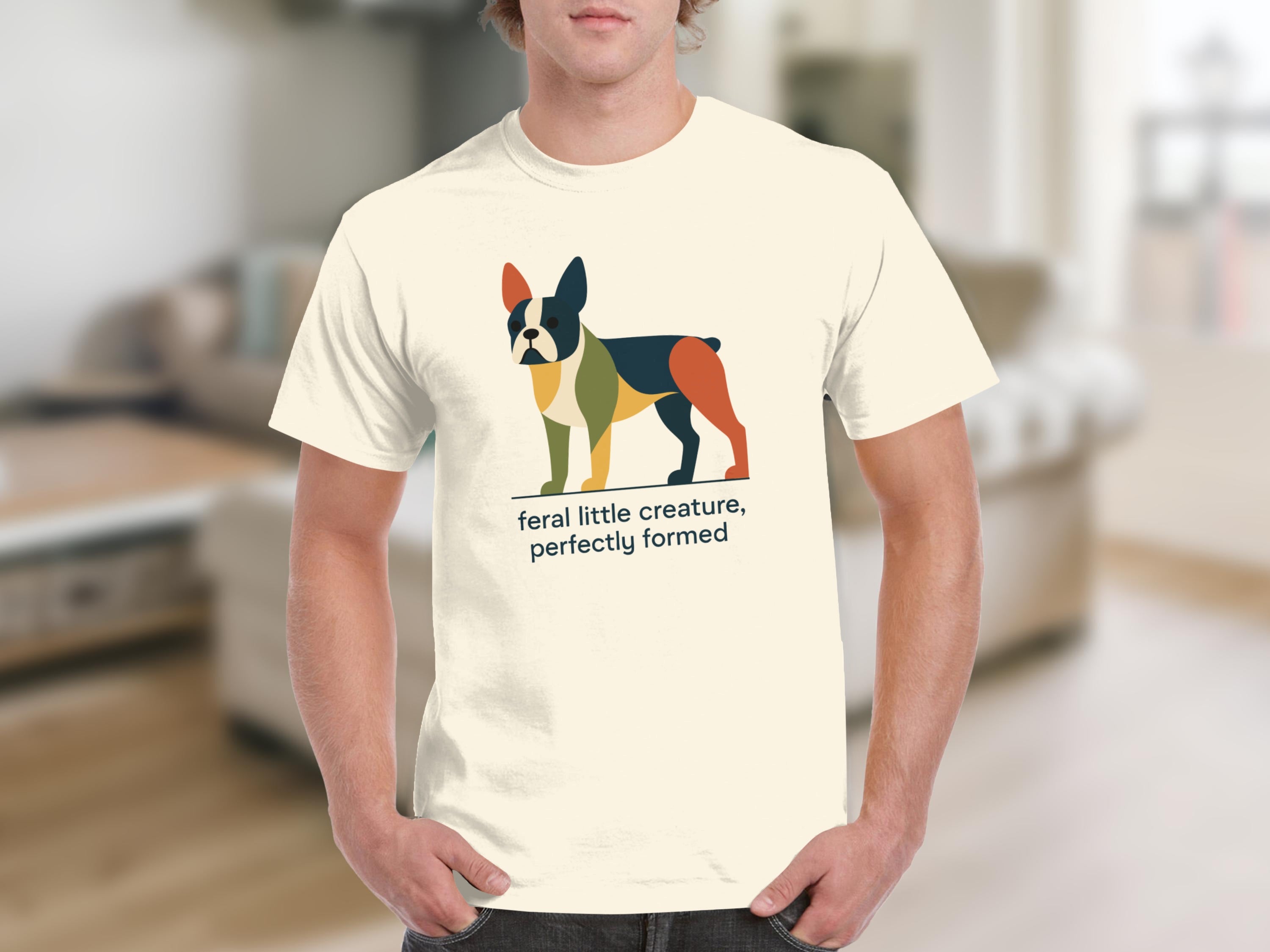 Cream t-shirt with a colorful abstract French bulldog graphic and text.