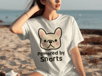 White t-shirt with French bulldog graphic and "Powered by Snorts" text.