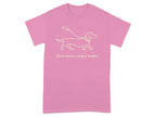 Pink t-shirt with outline of a dachshund on a leash and text "Slow down, enjoy walks".