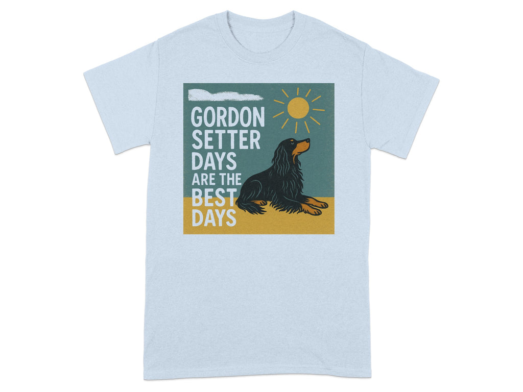 Gordon Setter Days are the Best Days text with a sitting Gordon Setter dog, sun, and clouds.