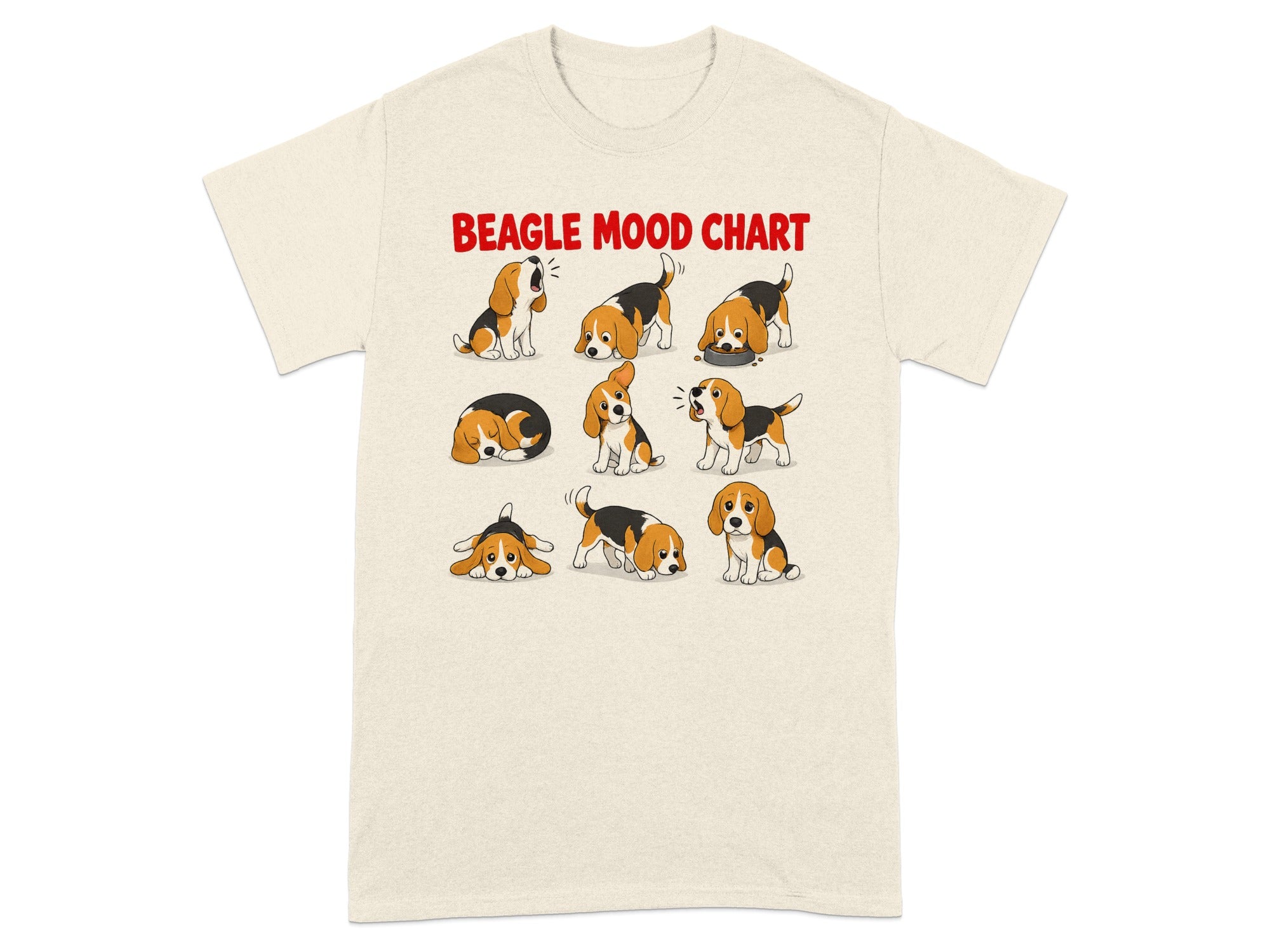 Beagle mood chart with nine illustrations of a beagle dog in different poses.