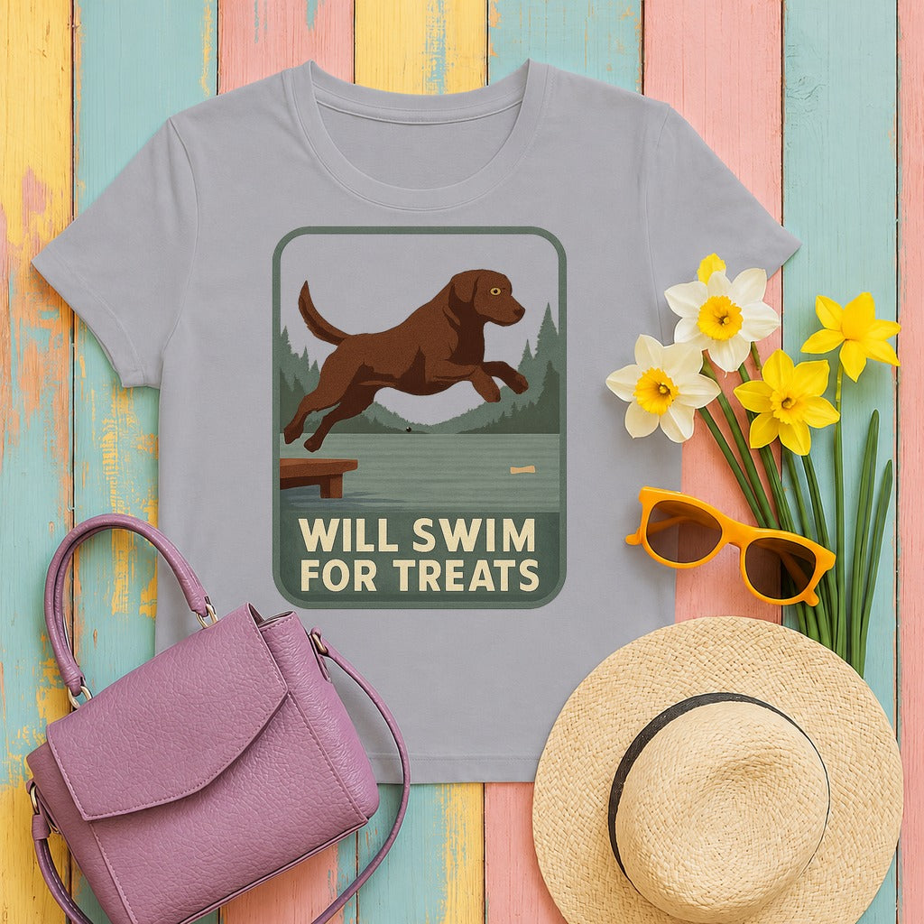 Chocolate Lab Will Swim for Treats T-shirt in Athletic Heather
