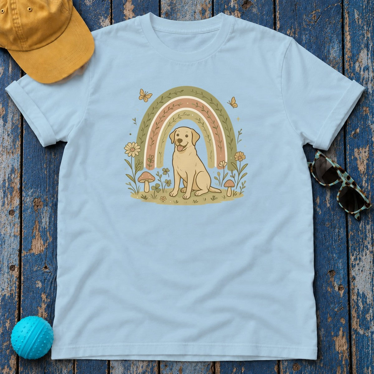 Adorable Labrador in Garden with Rainbow Graphic T-Shirt in Light Blue