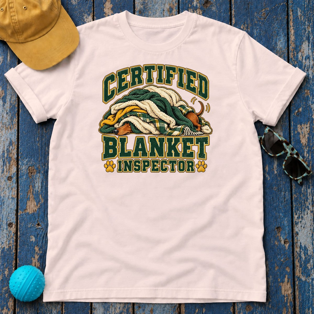 Certified Blanket Inspector Dachshund T-Shirt in Soft Pink - flat lay
