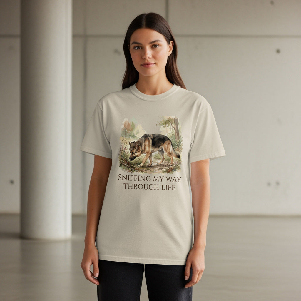 Woman wearing light beige t-shirt with wolf sniffing in a forest design.