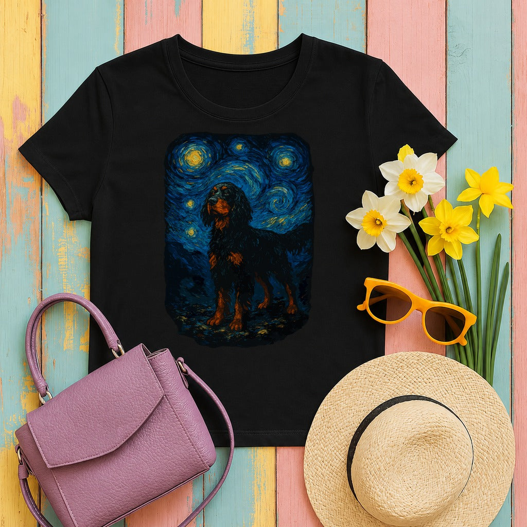 Gordon Setter With Starry Night Van Gogh Style Artwork T-Shirt in Black