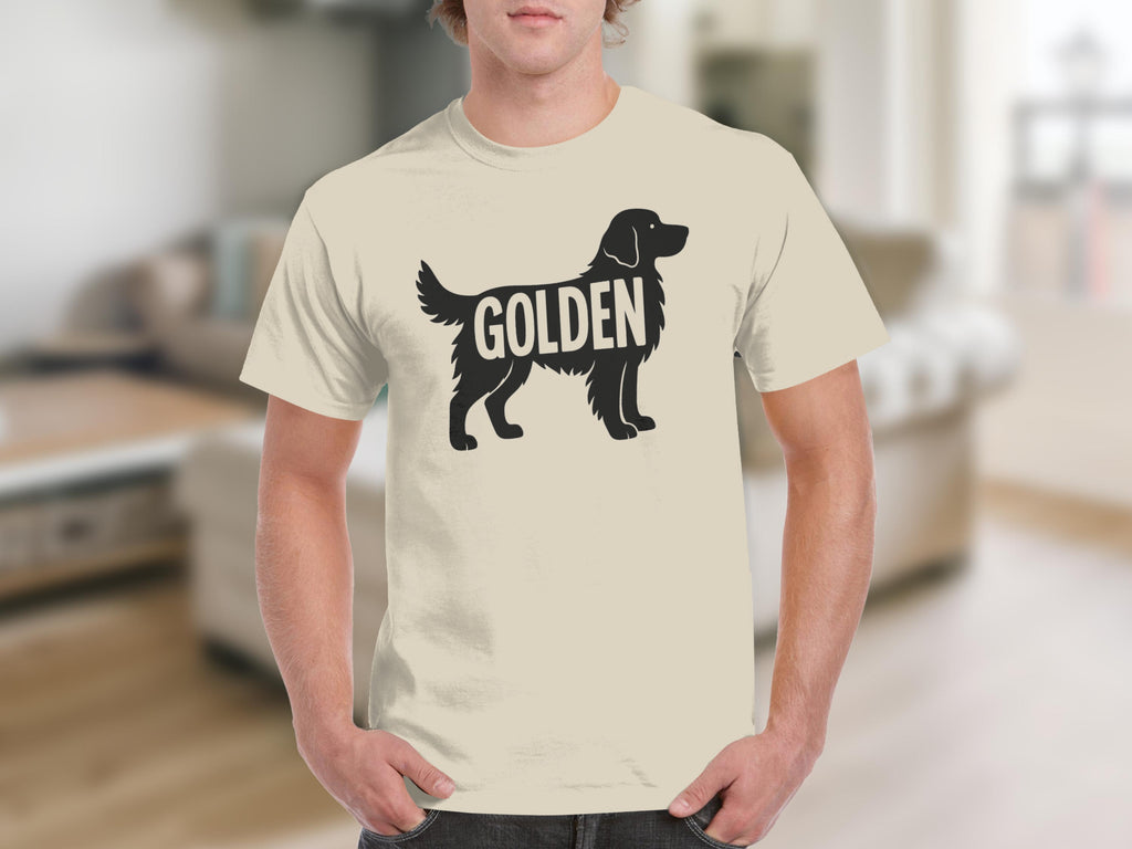 Light beige t-shirt with black silhouette and text of a golden retriever.