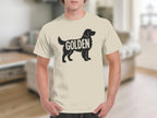 Light beige t-shirt with black silhouette and text of a golden retriever.