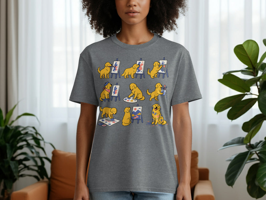 Gray t-shirt with a print of golden retrievers painting in various artistic styles.