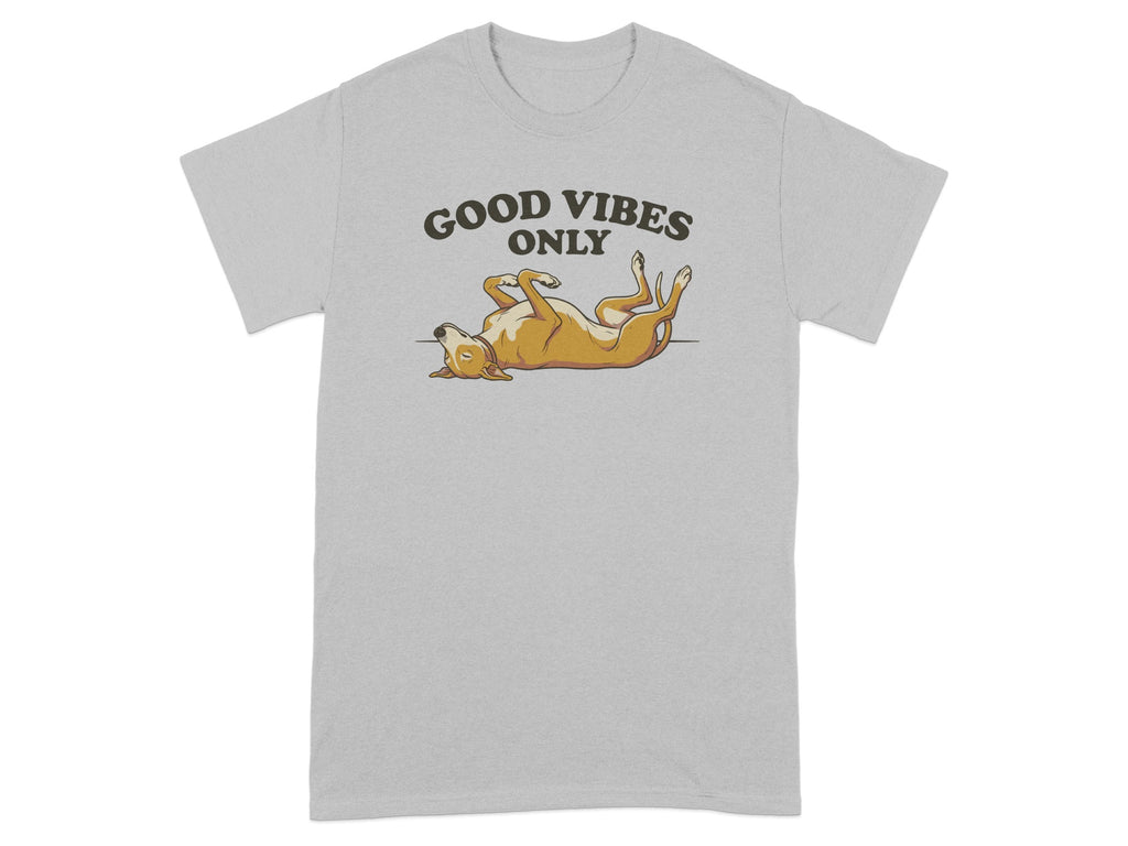 Light gray t-shirt with a cartoon dog and text "GOOD VIBES ONLY".