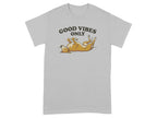Light gray t-shirt with a cartoon dog and text "GOOD VIBES ONLY".