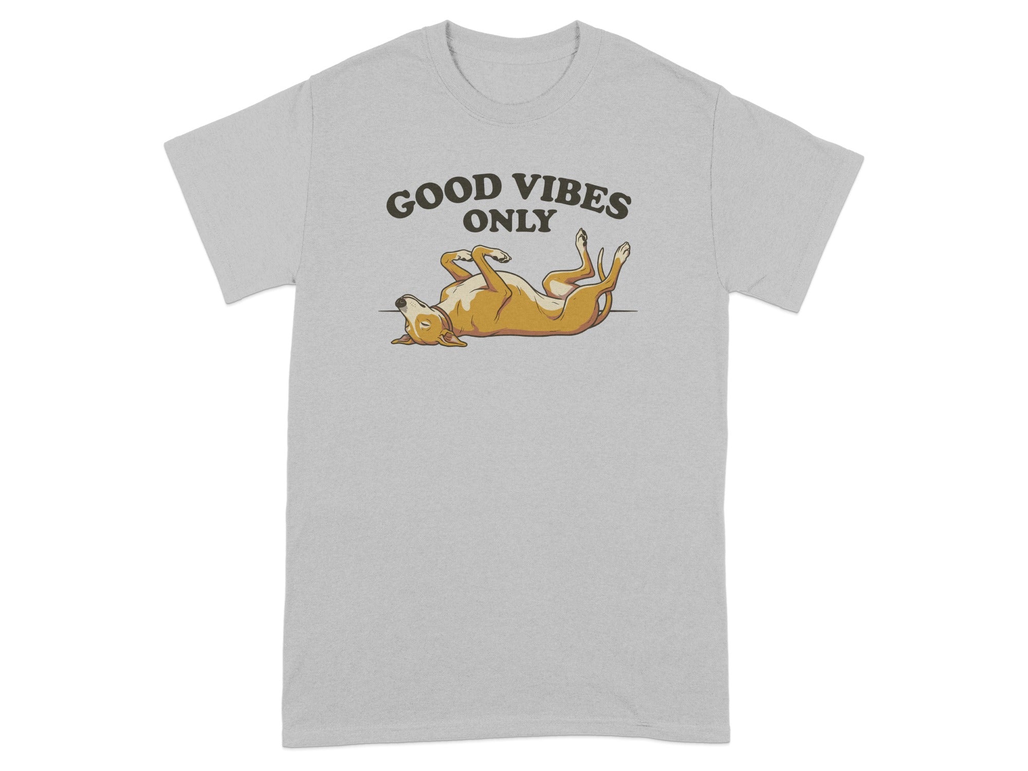 Light gray t-shirt with a cartoon dog and text "GOOD VIBES ONLY".