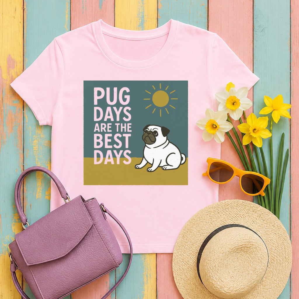 Sunny Pug Days Illustration T-shirt in Light Pink