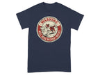 Navy t-shirt with circular warning sign, sheep, and dog herding.