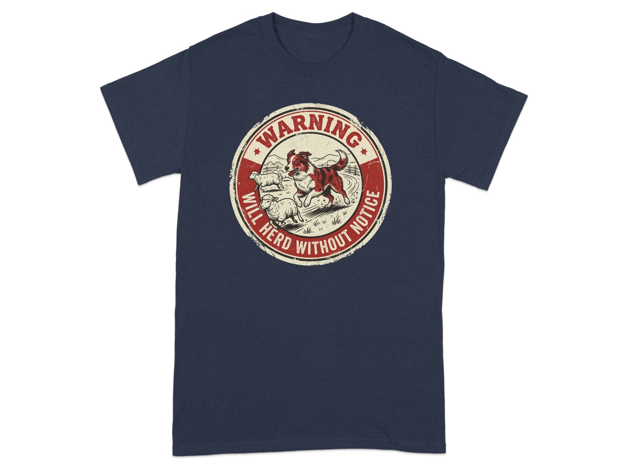 Navy t-shirt with circular warning sign, sheep, and dog herding.