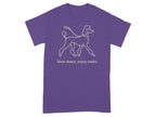 Purple t-shirt with outline of a poodle and text "Slow down, enjoy walks".