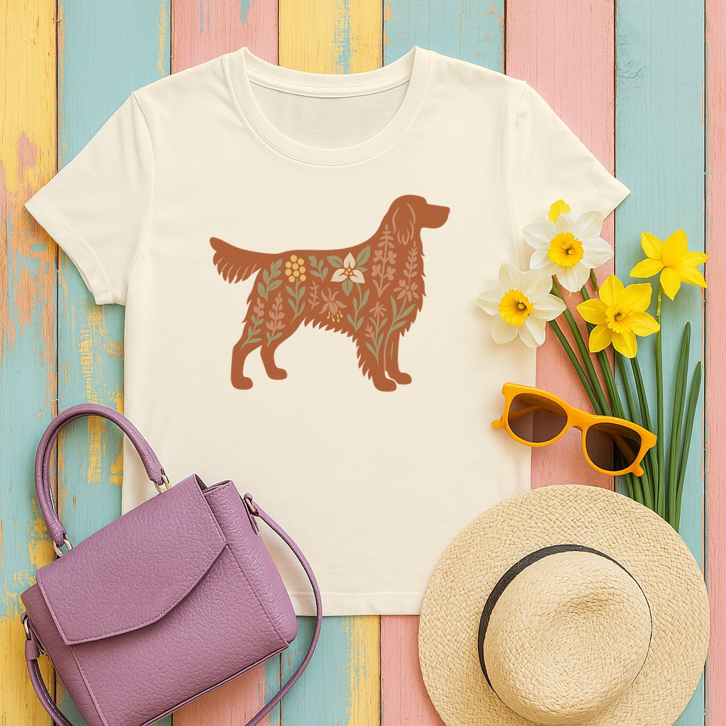 Floral Irish Setter Dog Silhouette Art Illustration T-Shirt in Natural