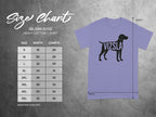 Gildan 5000 heavy cotton t-shirt size chart with Vizsla graphic.
