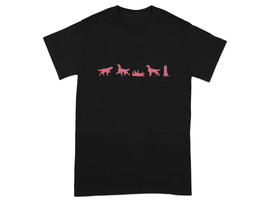 Black t-shirt with pink dog silhouettes in various playful poses.