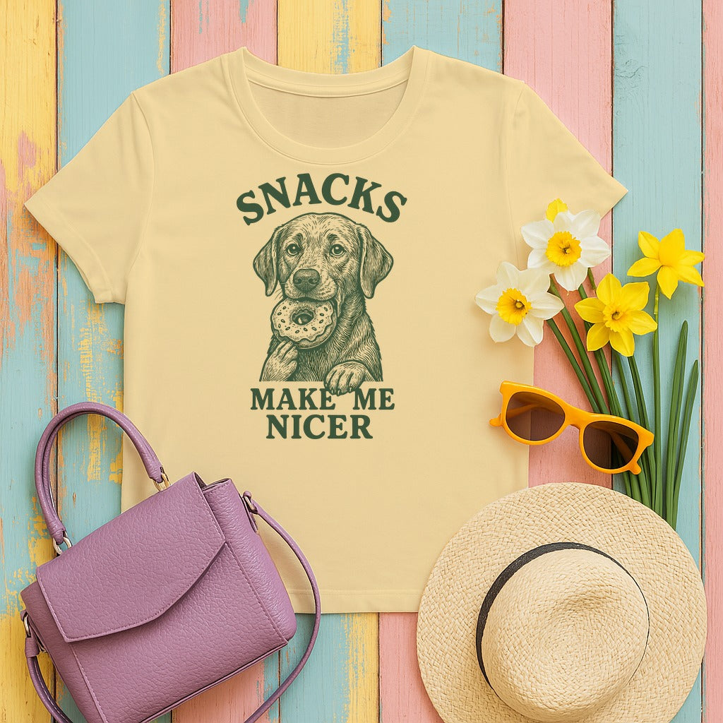 Snacks Make Me Nicer Labrador With Donut Graphic Novelty T-Shirt in Yellow Haze