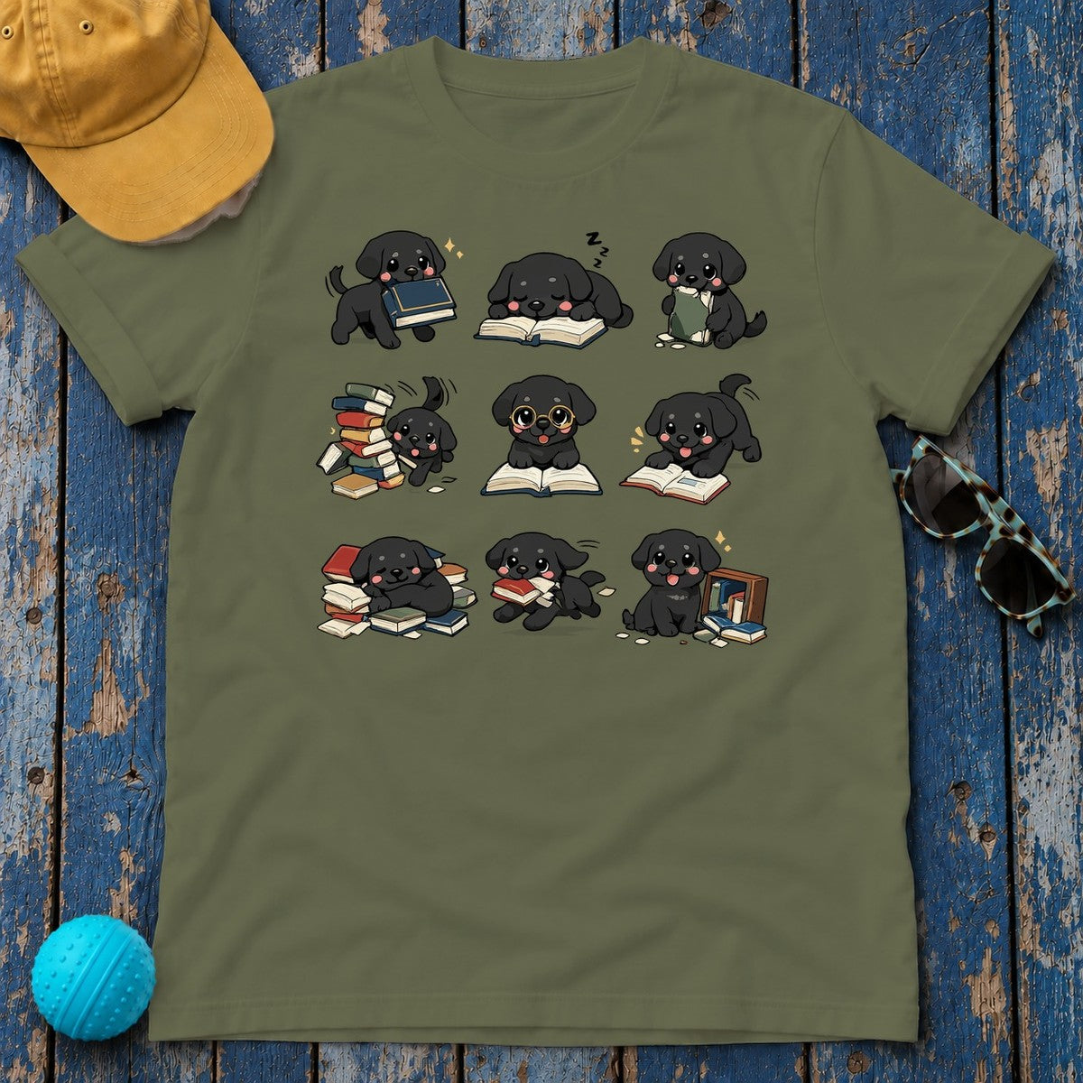 Literary Black Lab Scholar T-Shirt in Military Green