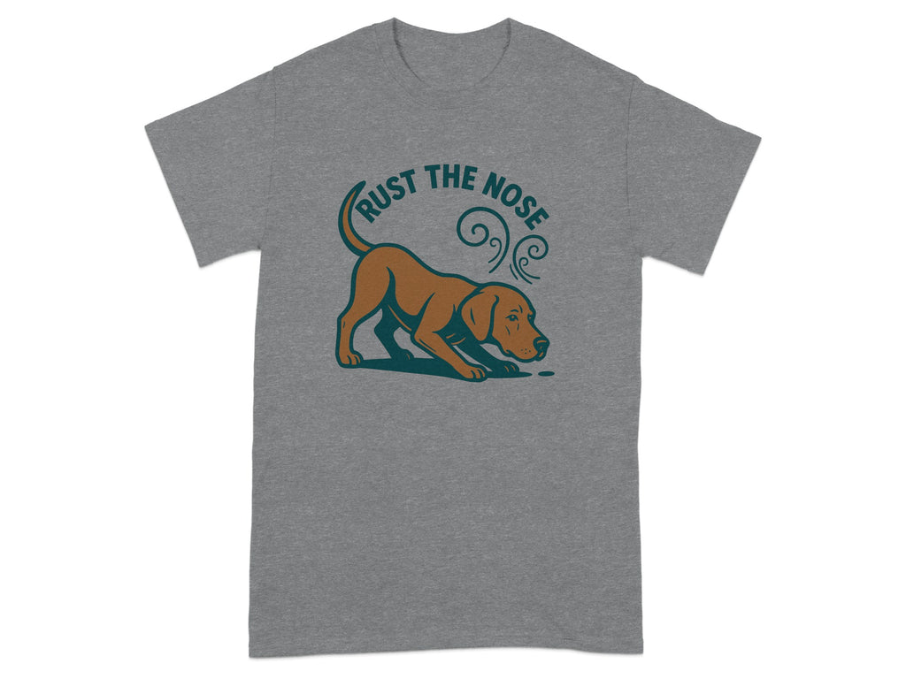 Brown dog sniffing the ground with "Trust The Nose" text above.