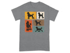 Gray t-shirt with a grid of five black poodle silhouettes on vintage-colored backgrounds.