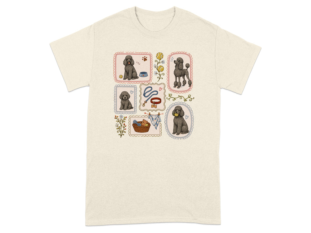 Framed illustrations of poodles and dog-related items on a cream t-shirt.