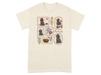 Framed illustrations of poodles and dog-related items on a cream t-shirt.