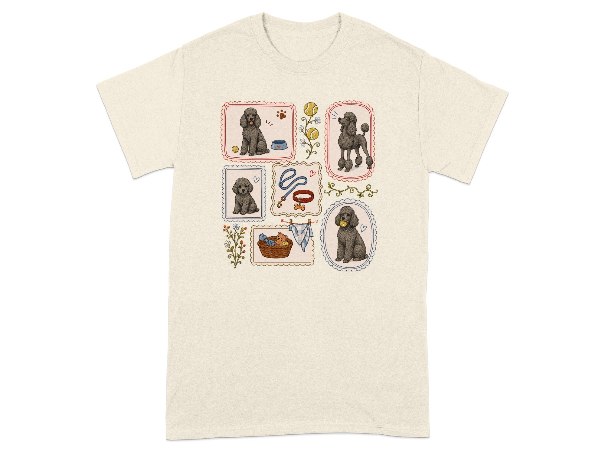 Framed illustrations of poodles and dog-related items on a cream t-shirt.