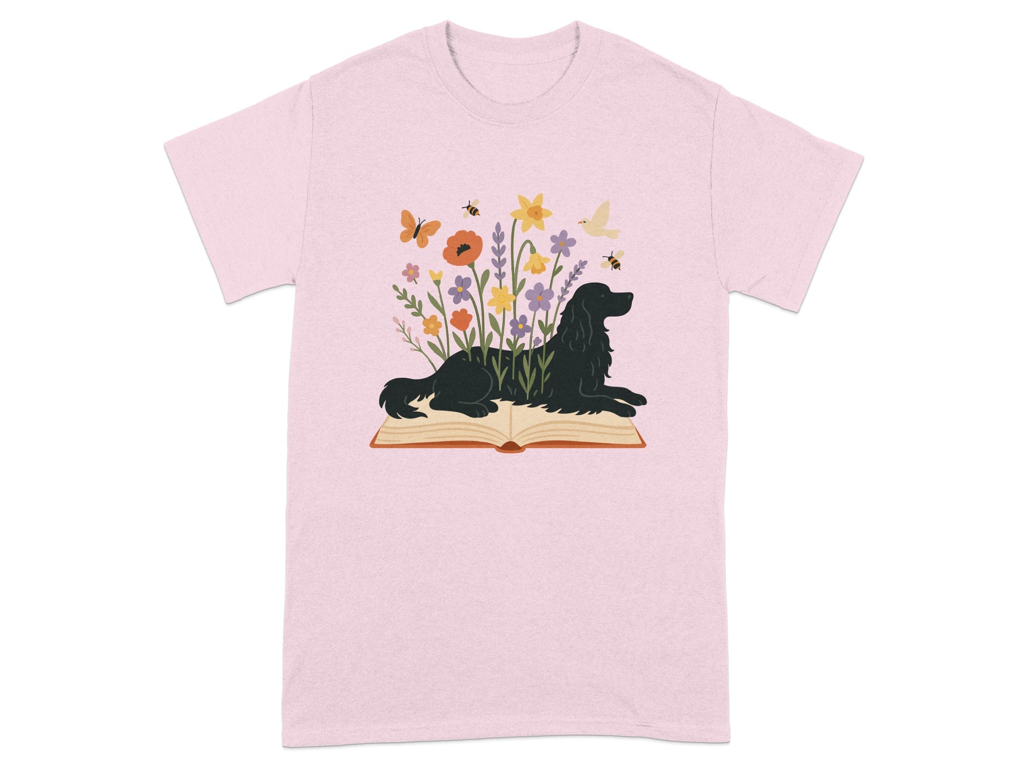 Floral Dog and Book Graphic Tee Shirt