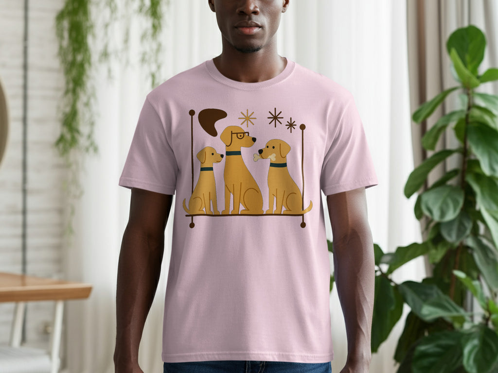 Pink t-shirt with a graphic of three stylized gold dogs in a mid-century modern style.