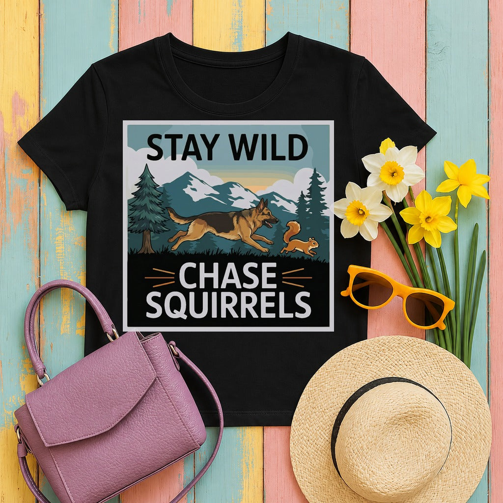 mig2 stay-wild-chase-squirrels-german-shepher tee flat lay hero v8