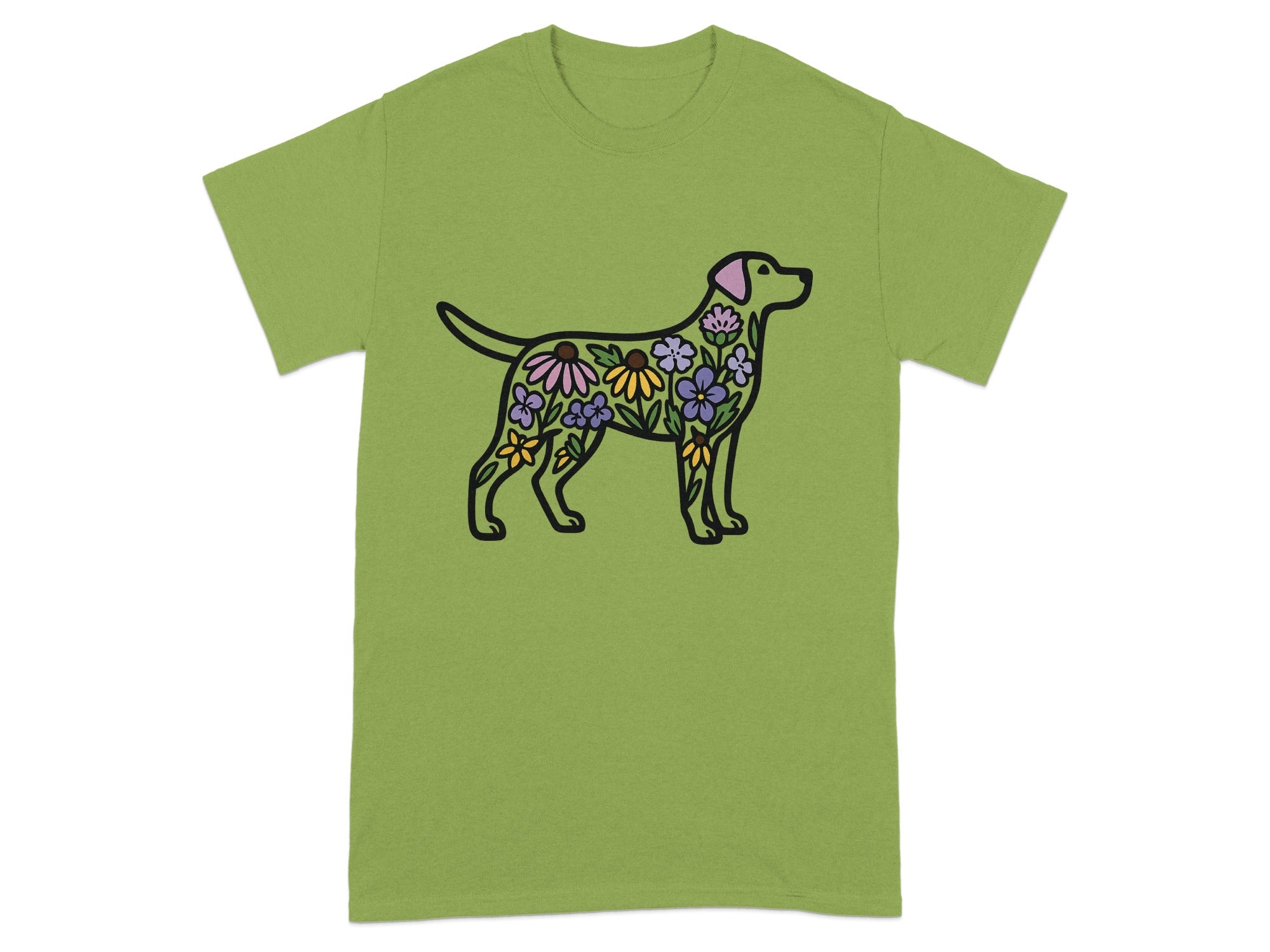 Unique Green T-Shirt with Colorful Floral Dog Design