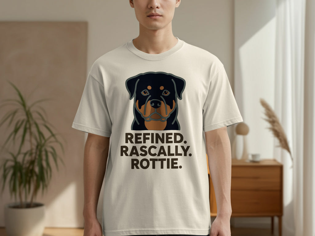 Cream t-shirt with a Rottweiler graphic and text "REFINED. RASCALLY. ROTTIE."